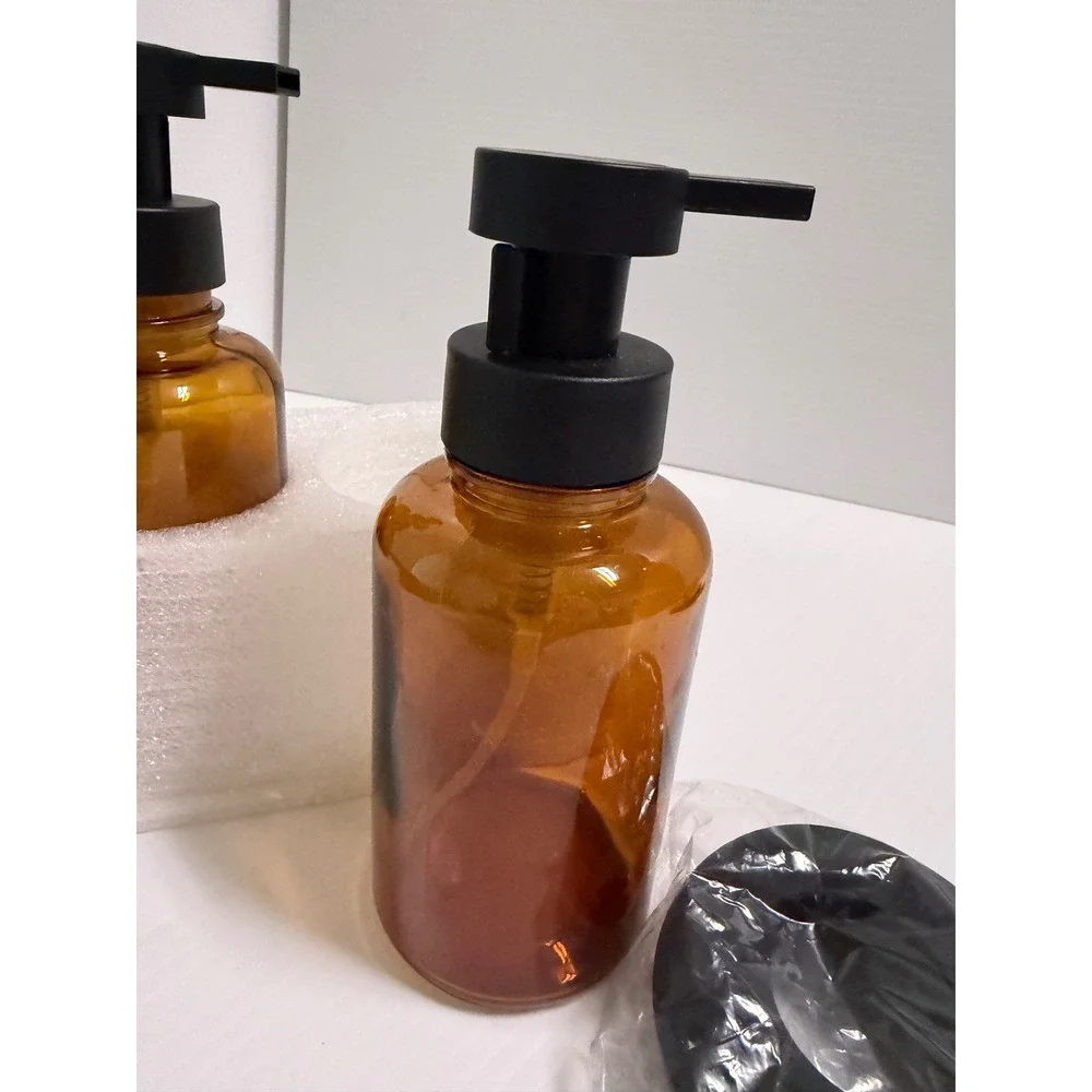 Amber Glass Soap Dispenser Set Matte Black Pump Refillable Bottles 2pc